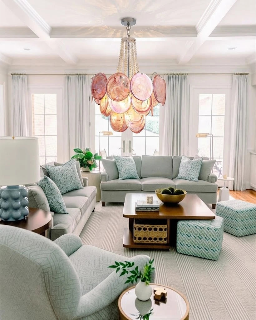 Modern Pink Disc Art Glass Chandelier in Bright Living Area