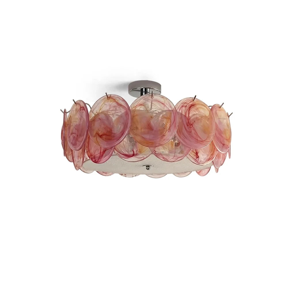 Modern Pink Colorful Disc Art Glass Semi-Flush Mount Ceiling Light with Silver Canopy on Pure White Background