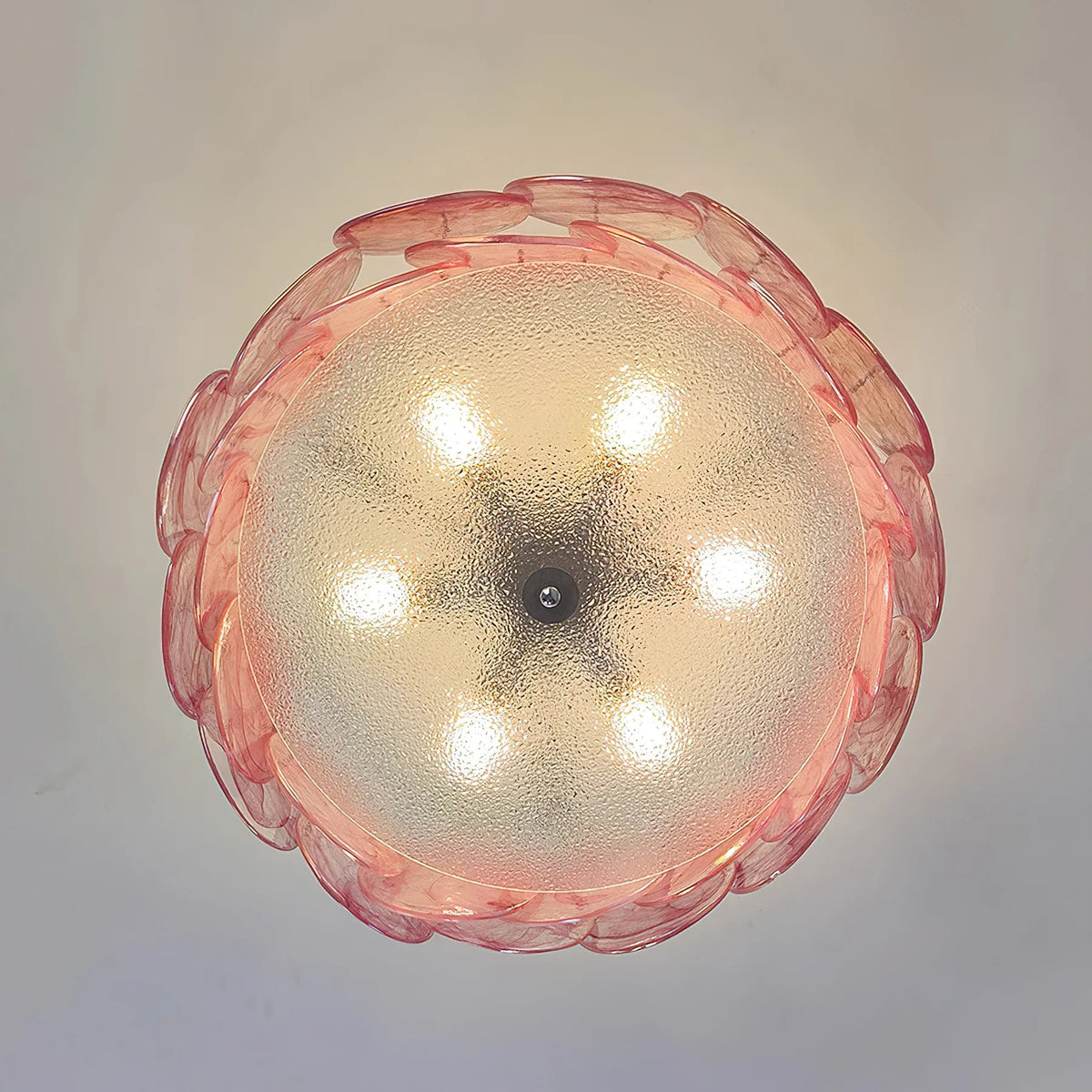 Upward View of Illuminated Colorful Disc Semi-Flush Ceiling Light Interior
