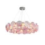 Modern Pink Gradient Colorful Disc Art Glass Chandelier with Silver Canopy on Pure White Background