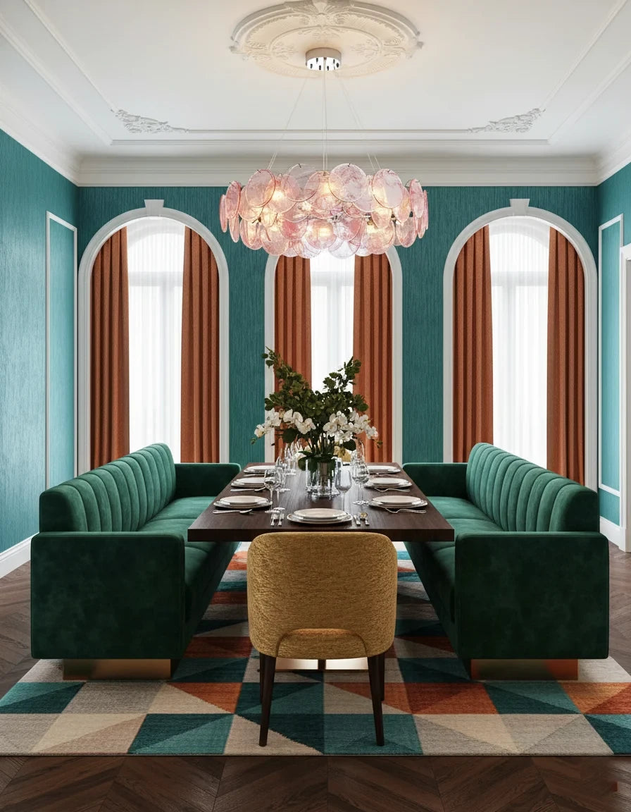 Modern Pink Gradient Colorful Disc Art Glass Chandelier in Elegant Dining Space