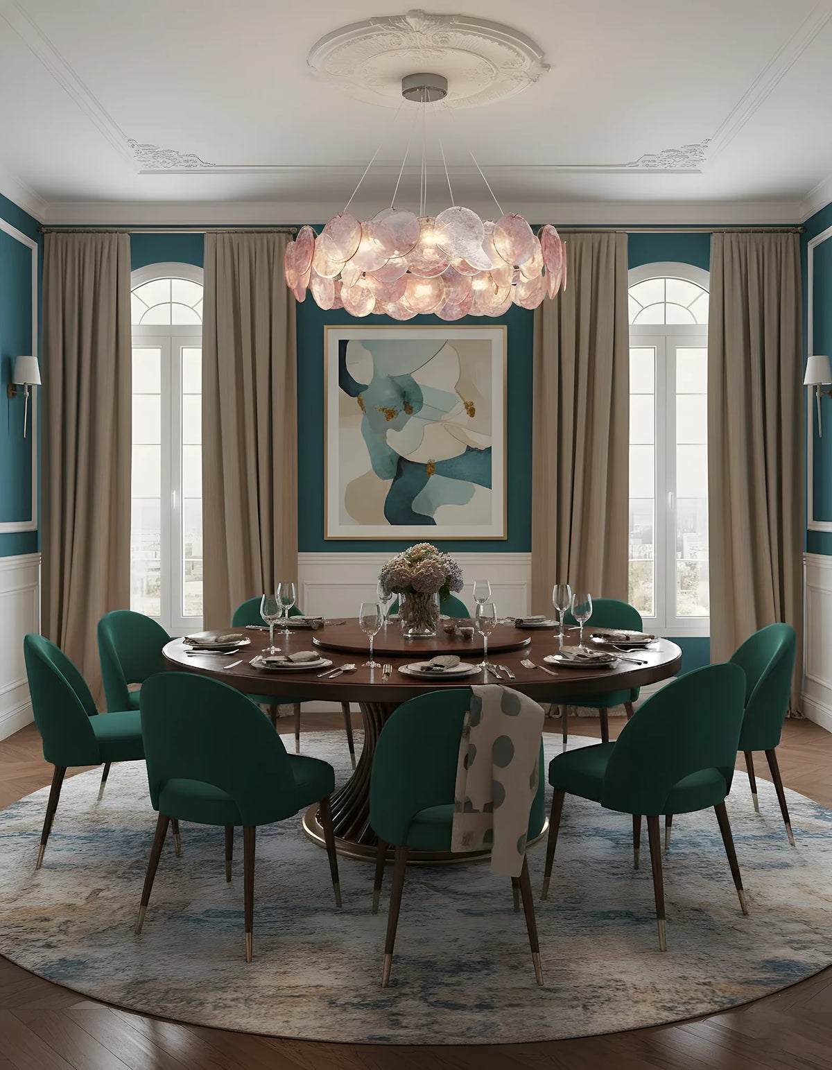 Modern Pink Gradient Colorful Disc Chandelier in Bright Dining Room