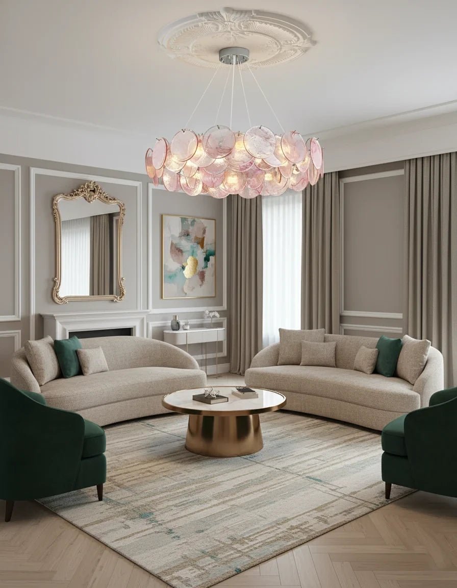 Modern Pink Gradient Colorful Disc Art Glass Chandelier in Stylish Living Room