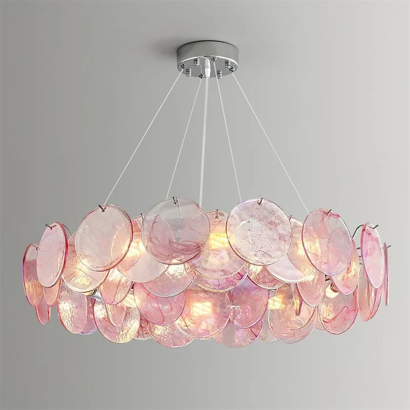 Illuminated Modern Pink Gradient Colorful Disc Chandelier Studio Shot