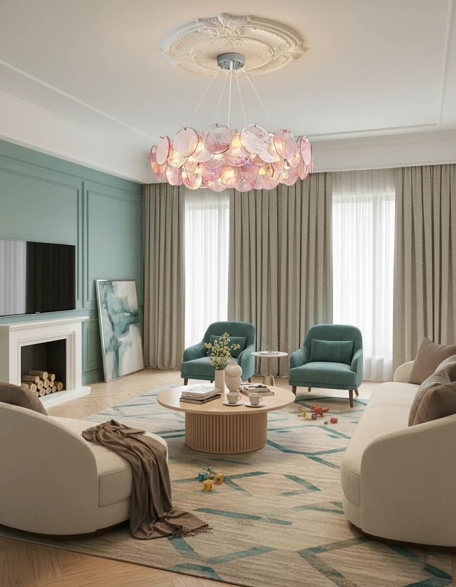 Modern Pink Gradient Colorful Disc Chandelier in Open Plan Interior