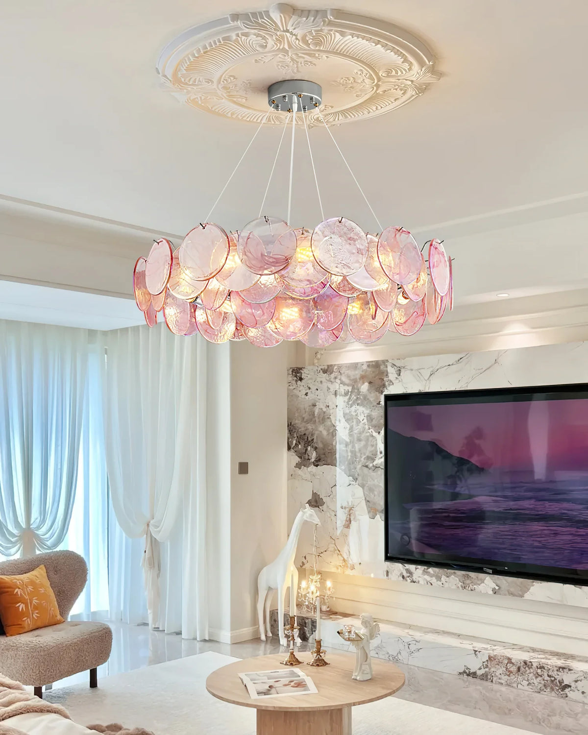 Modern Pink Gradient Colorful Disc Art Glass Chandelier in Modern Home Setting