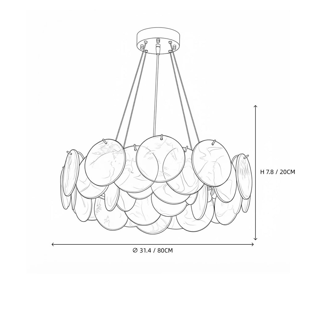 Modern Pink Gradient Colorful Disc Art Glass Chandelier Line Art Dimension Diagram