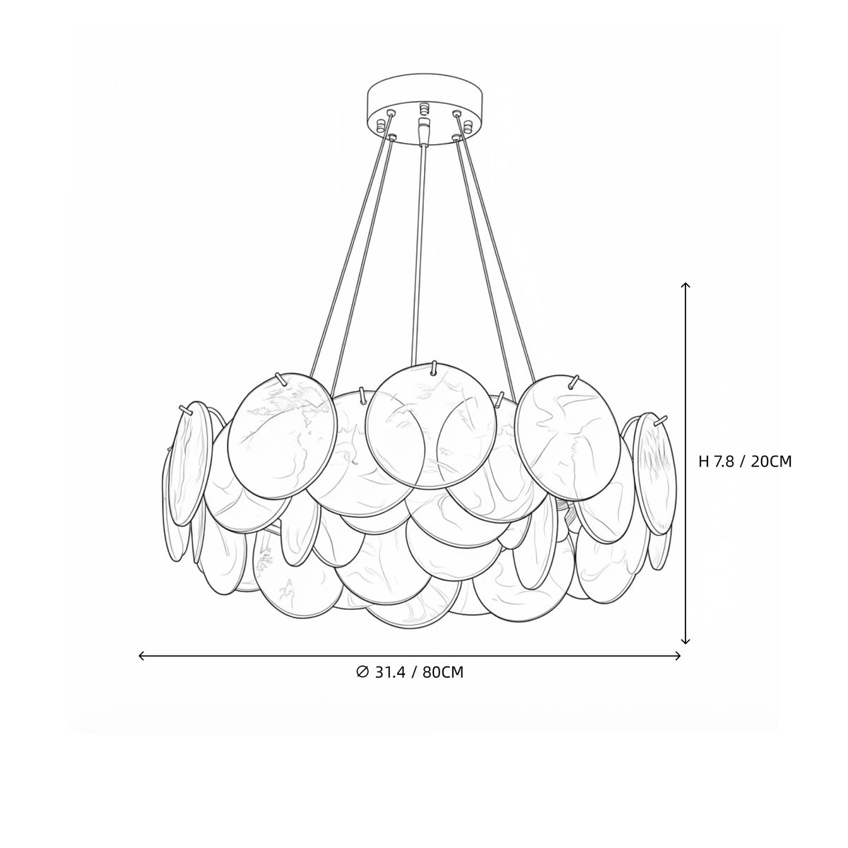 Modern Pink Gradient Colorful Disc Art Glass Chandelier Line Art Dimension Diagram