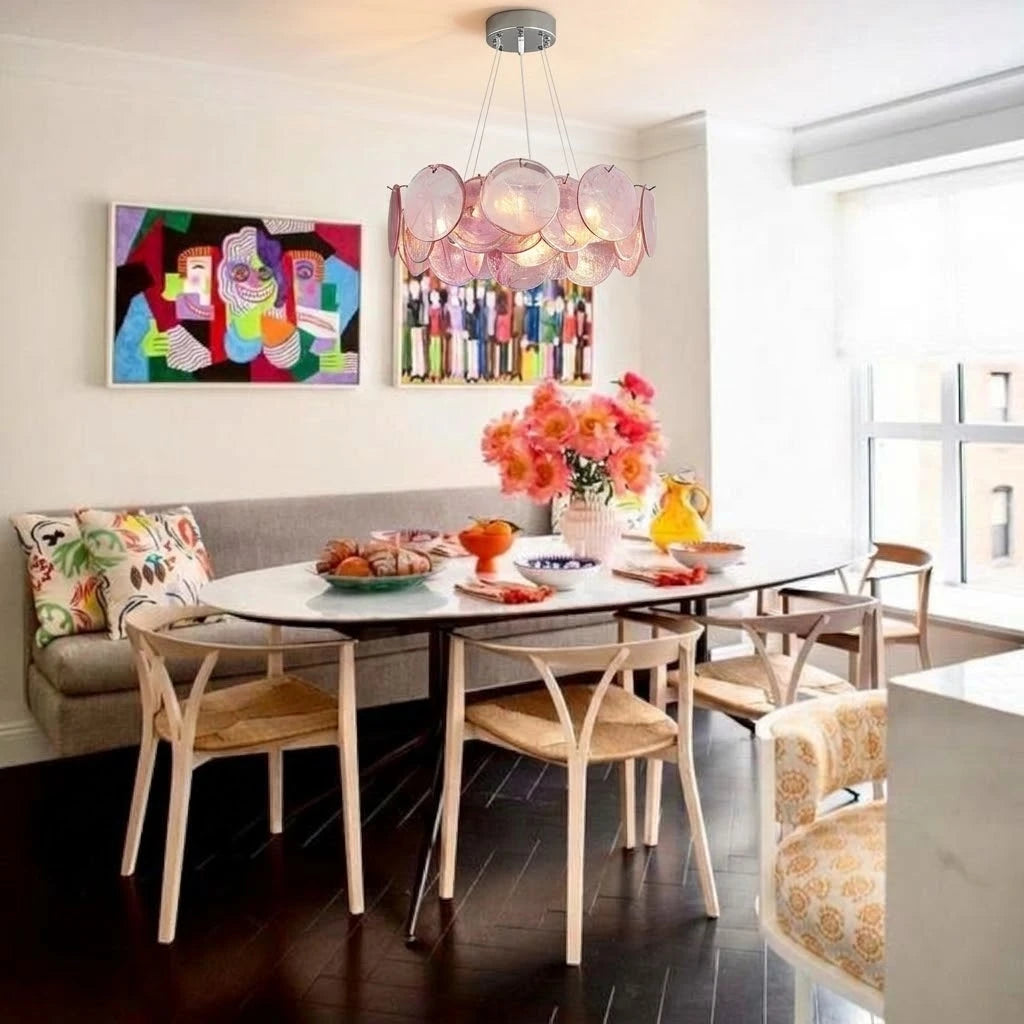 Modern Pink Gradient Colorful Disc Art Glass Chandelier in Bright Dining Nook
