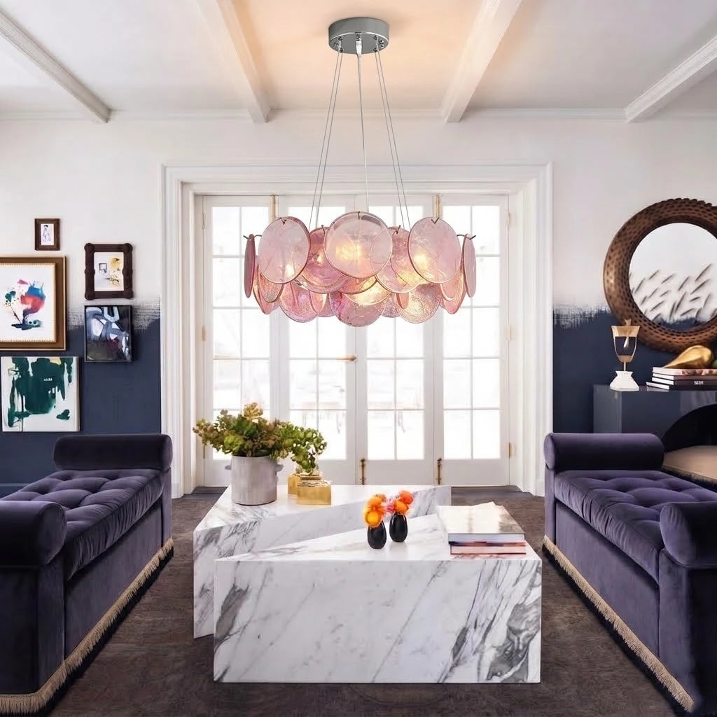 Modern Pink Gradient Colorful Disc Chandelier Over Round Dining Table