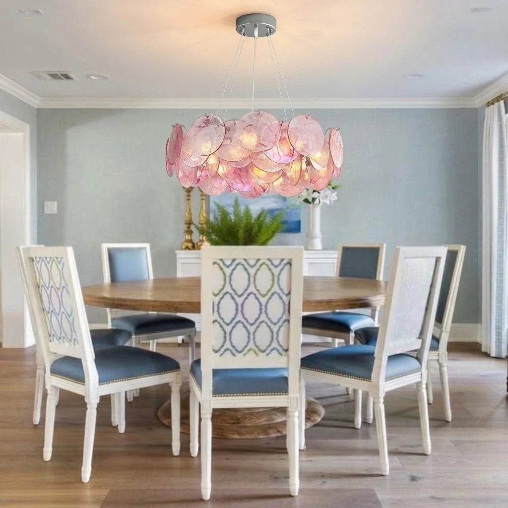 Modern Pink Gradient Colorful Disc Art Glass Chandelier in Luxury Living Space