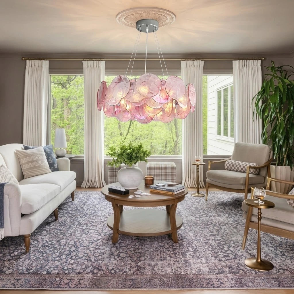 Modern Pink Gradient Colorful Disc Art Glass Chandelier in Contemporary Living Area