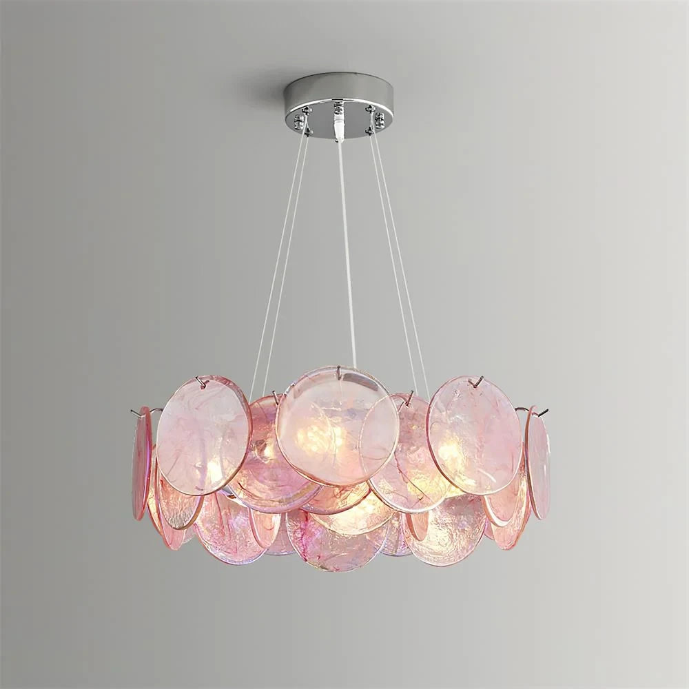Illuminated Modern Pink Gradient Colorful Disc Art Glass Chandelier Studio Shot