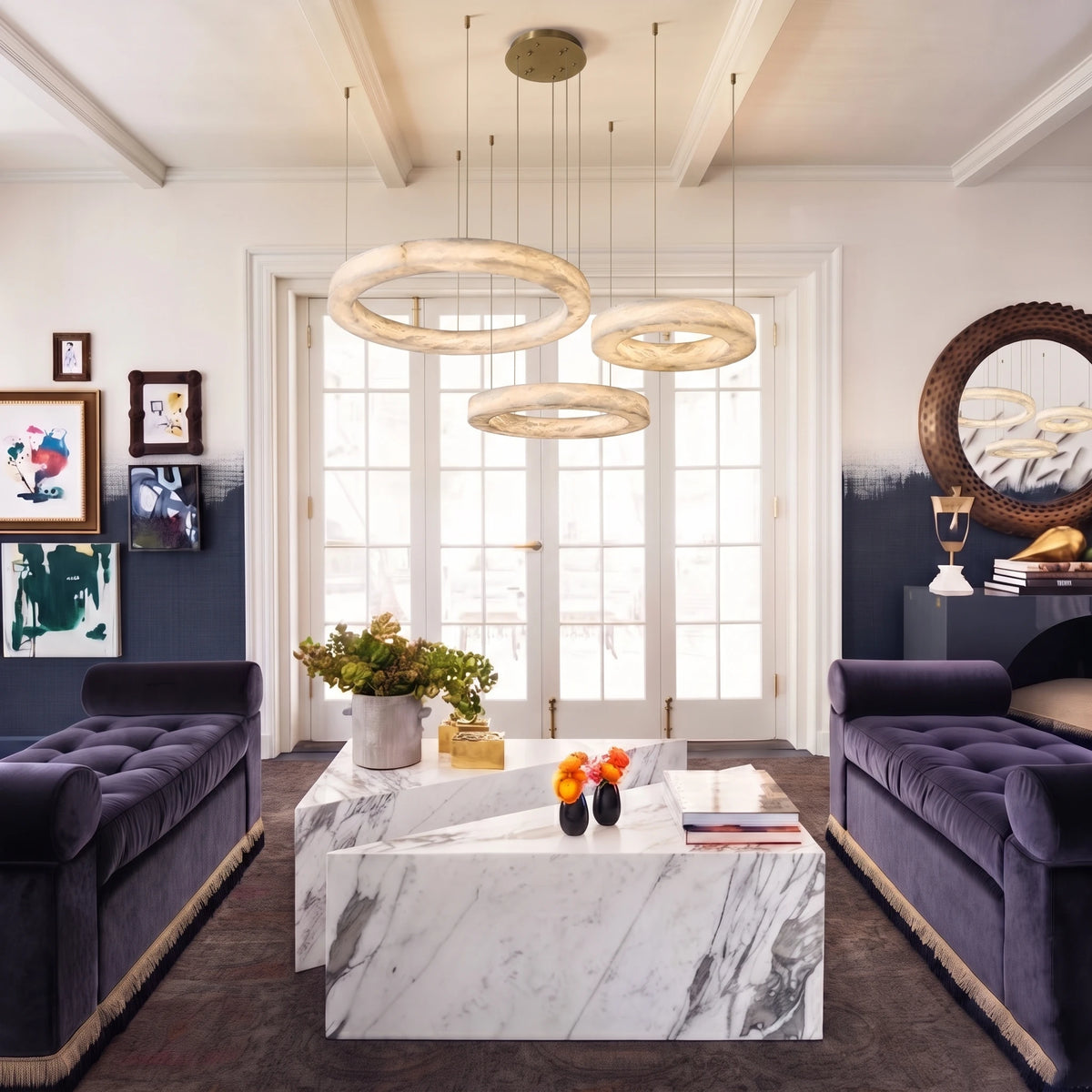 Modern Alabaster Ring Pendant Light in Traditional Living Room