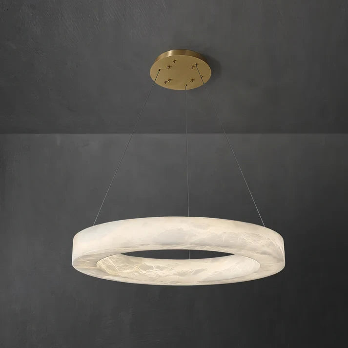 Dark Room View of Illuminated Alabaster Ring Pendant Light