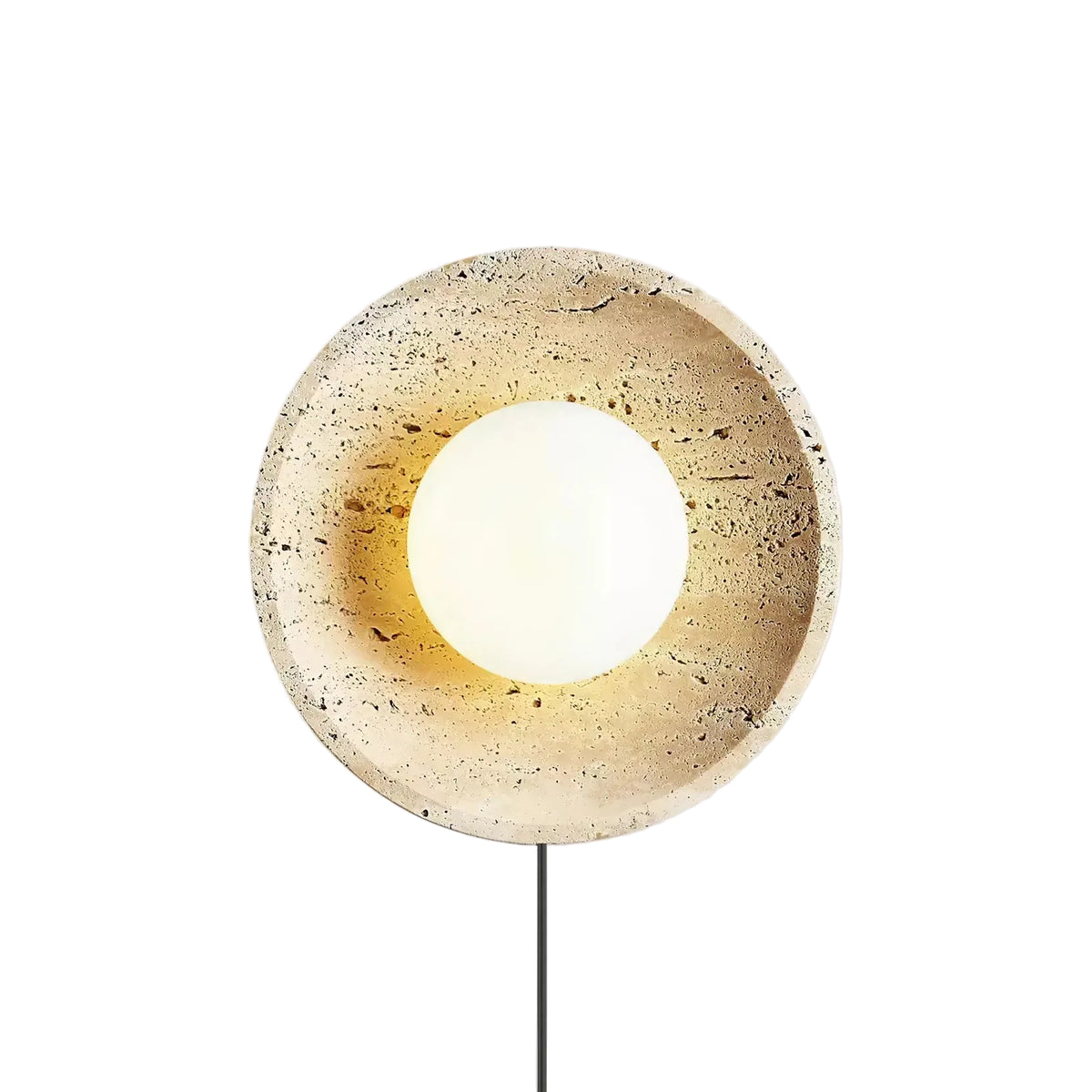 Modern Travertine Dish Wall Sconce with Center Globe Bulb on Pure White Background