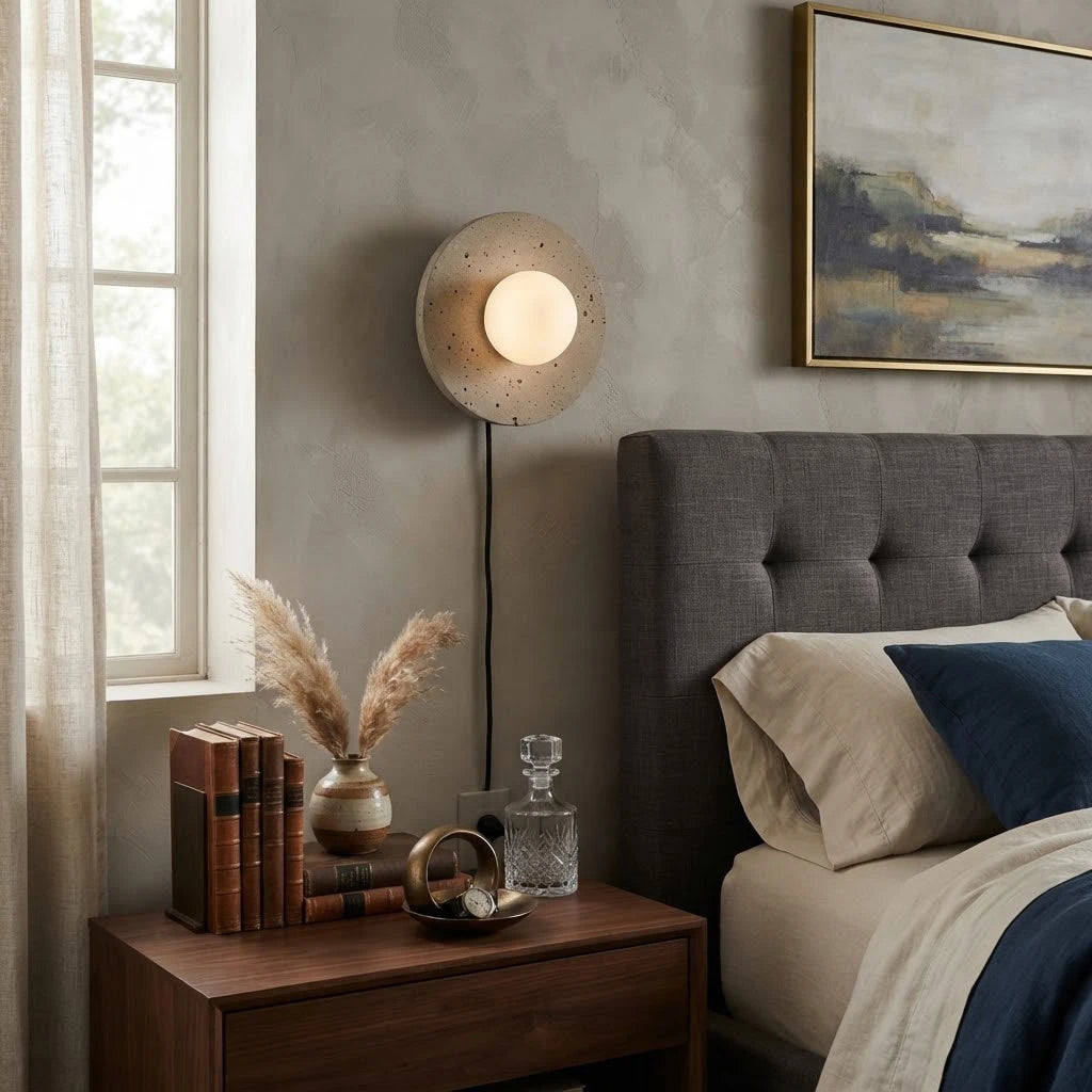 Modern Travertine Dish Wall Sconce in Master Bedroom Interior