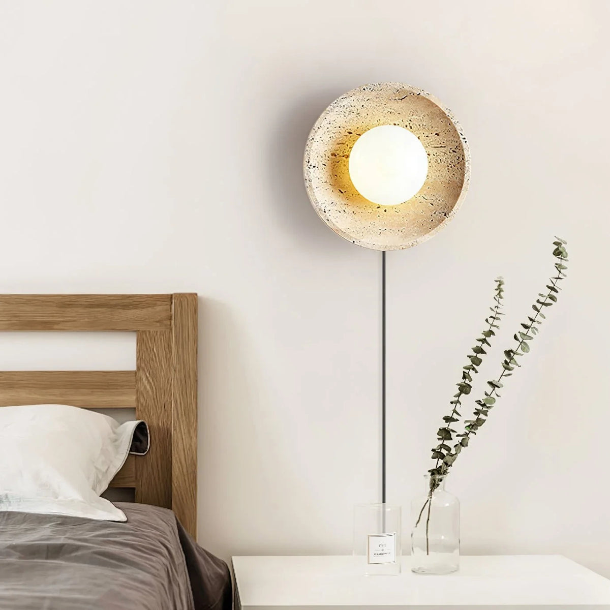 Modern Travertine Dish Wall Sconce Beside Bed