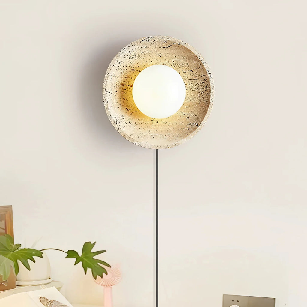 Modern Travertine Dish Wall Sconce in Bedroom Interior