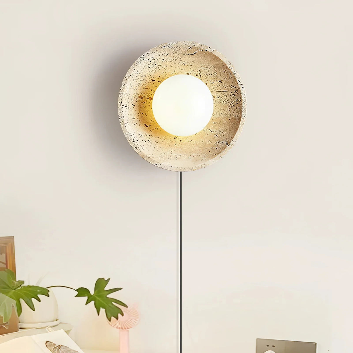 Modern Travertine Dish Wall Sconce in Bedroom Interior