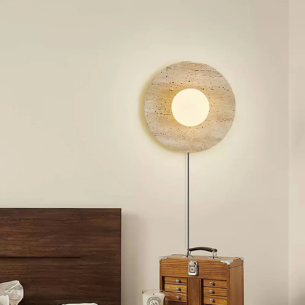 Modern Travertine Dish Wall Sconce in Vintage Bedroom Setting