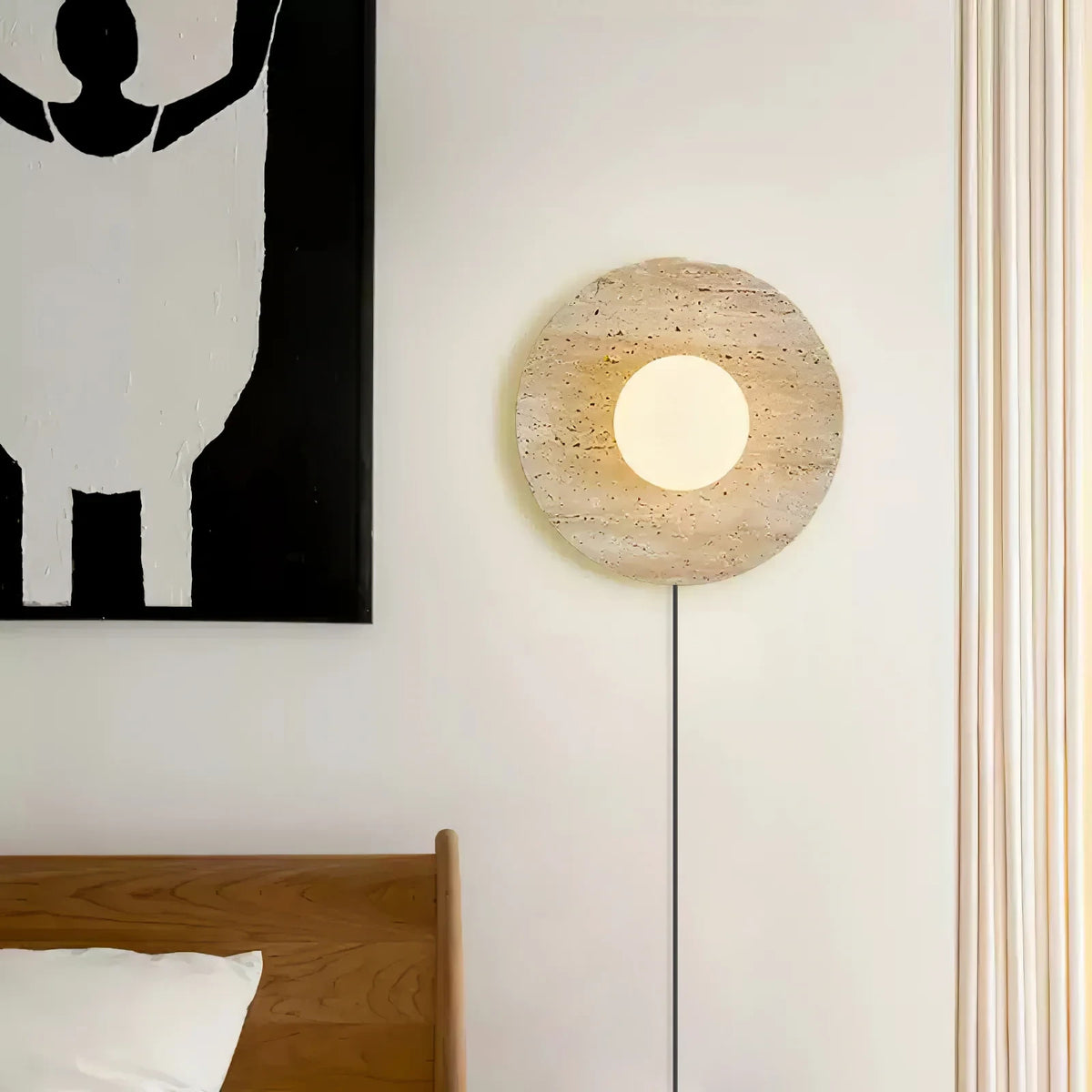 Modern Travertine Dish Wall Sconce on Paneled Wall