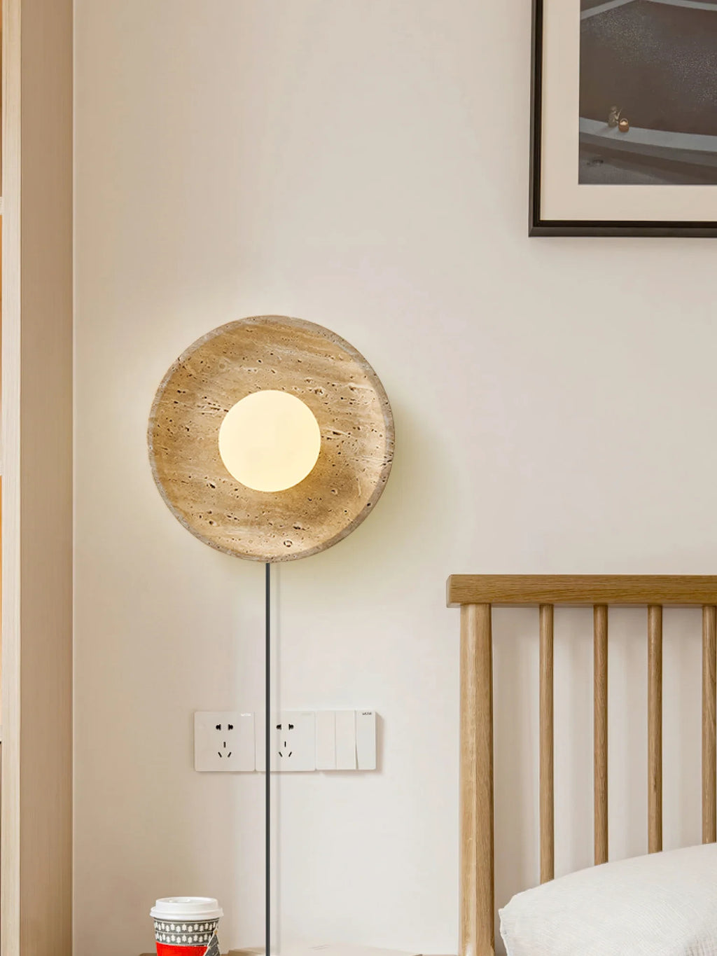 Modern Travertine Dish Wall Sconce in Master Bedroom Setting