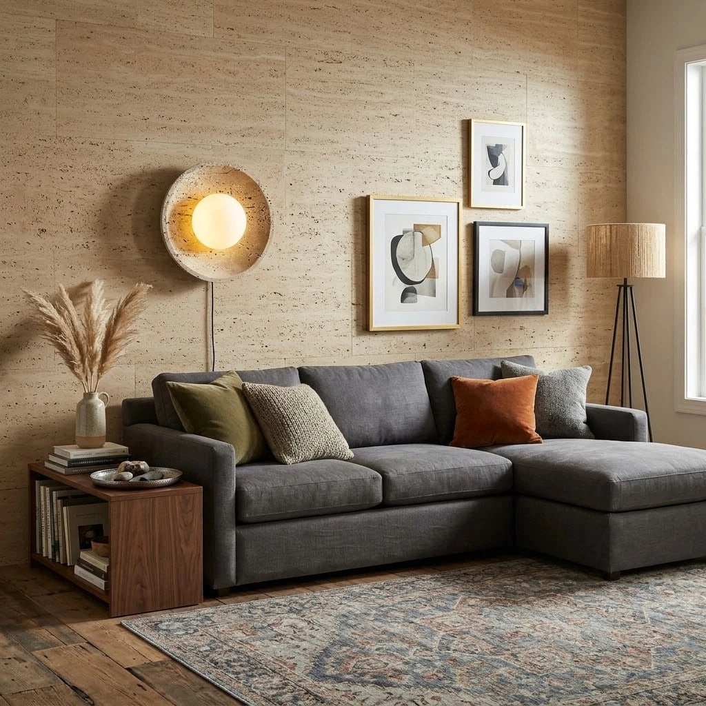 Modern Travertine Dish Wall Sconce in Contemporary Living Room