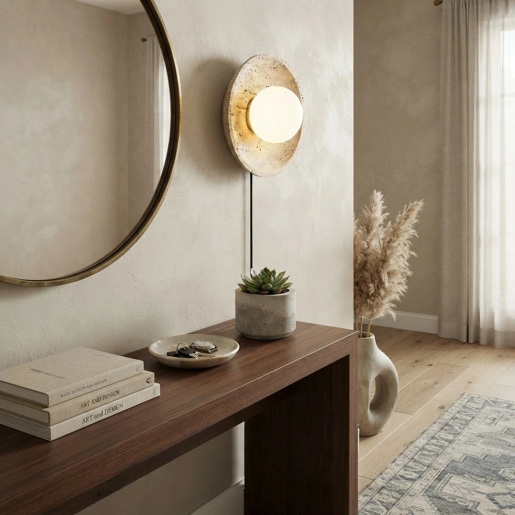 Modern Travertine Dish Wall Sconce in Entryway Foyer Setting