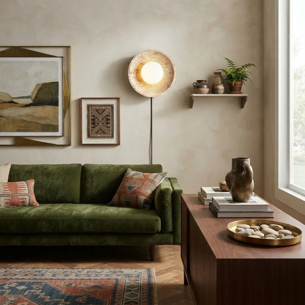 Modern Travertine Dish Wall Sconce in Living Space Interior