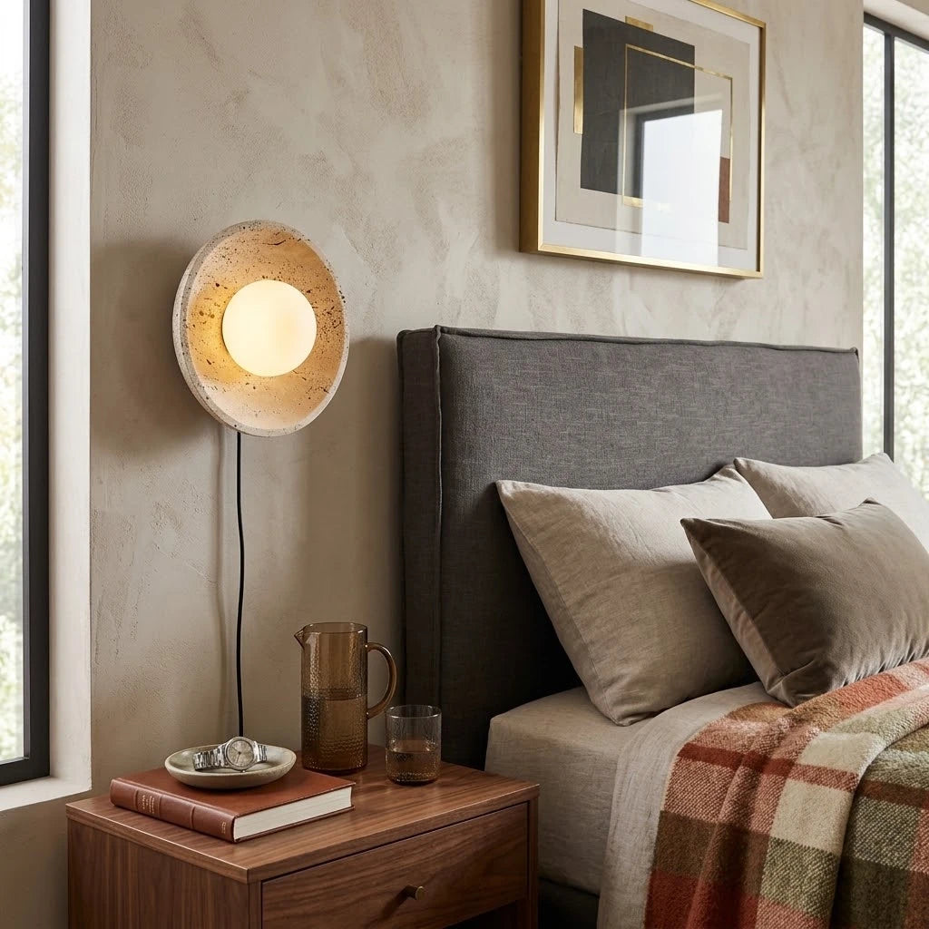 Modern Travertine Dish Wall Sconce Over Bedroom Nightstand