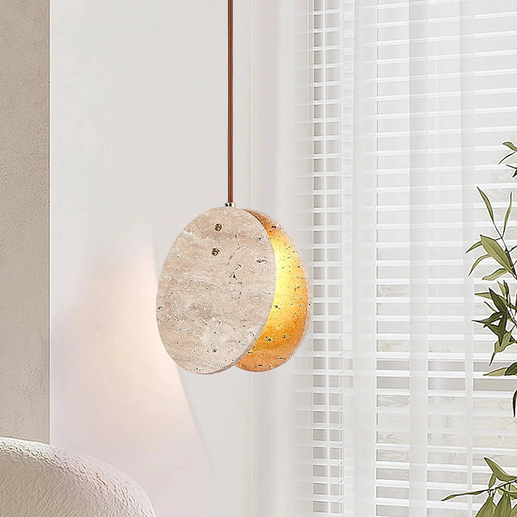 Japandi Travertine Pendant Light Over Living Room Seating Area