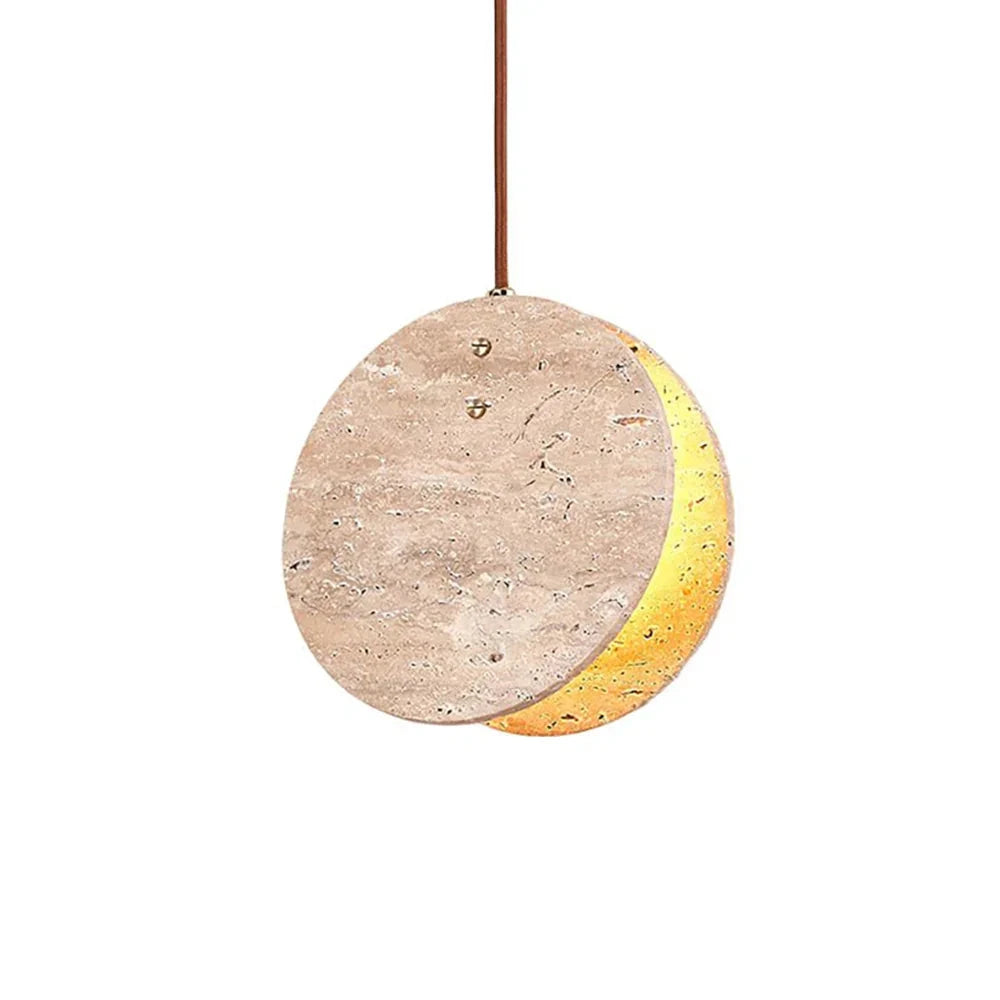 Wabi Sabi Travertine Disc Pendant Light on Pure White Background