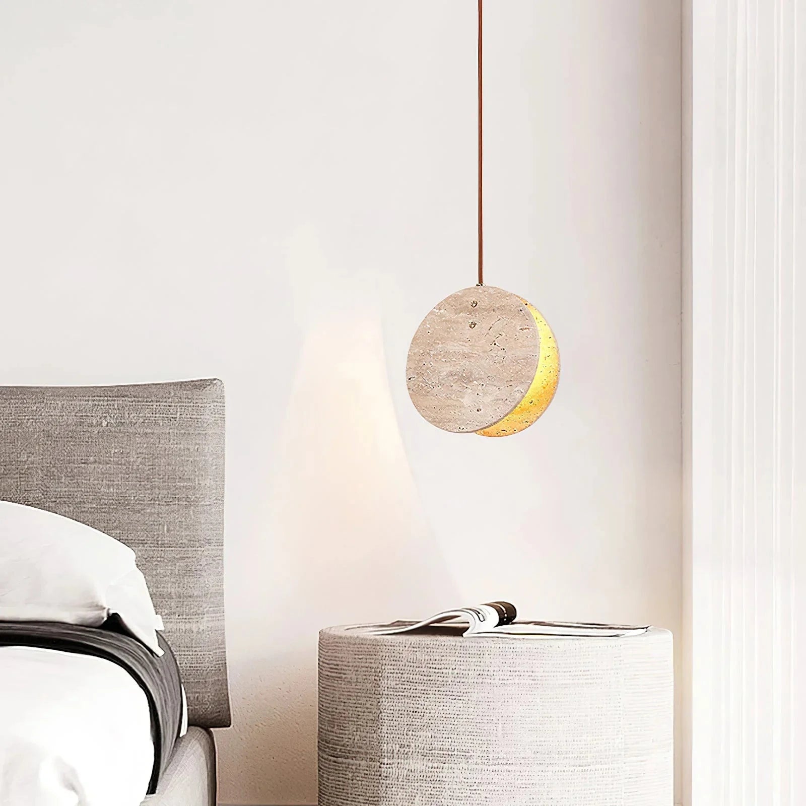 Travertine Disc Bedside Pendant Light Over Bedroom Nightstand