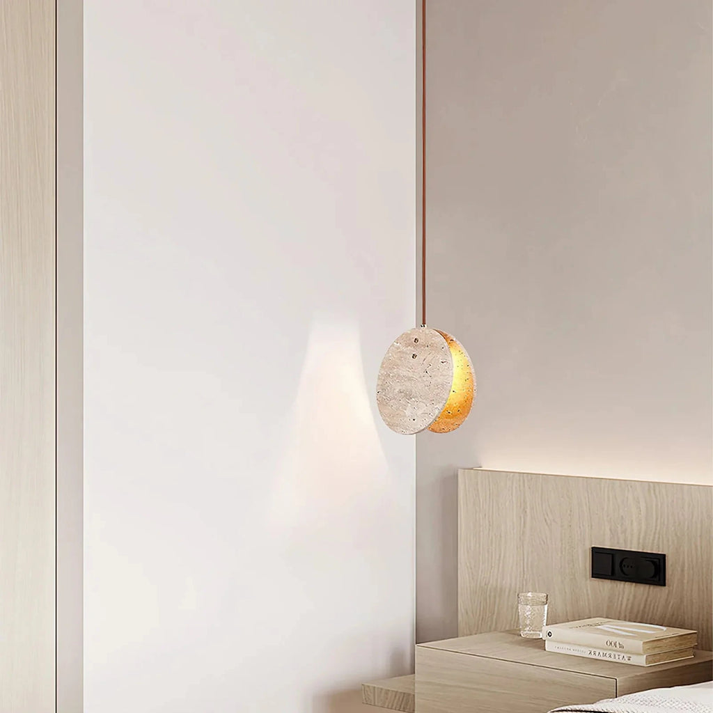 Wabi Sabi Travertine Pendant Light Illuminating Bedroom Nook