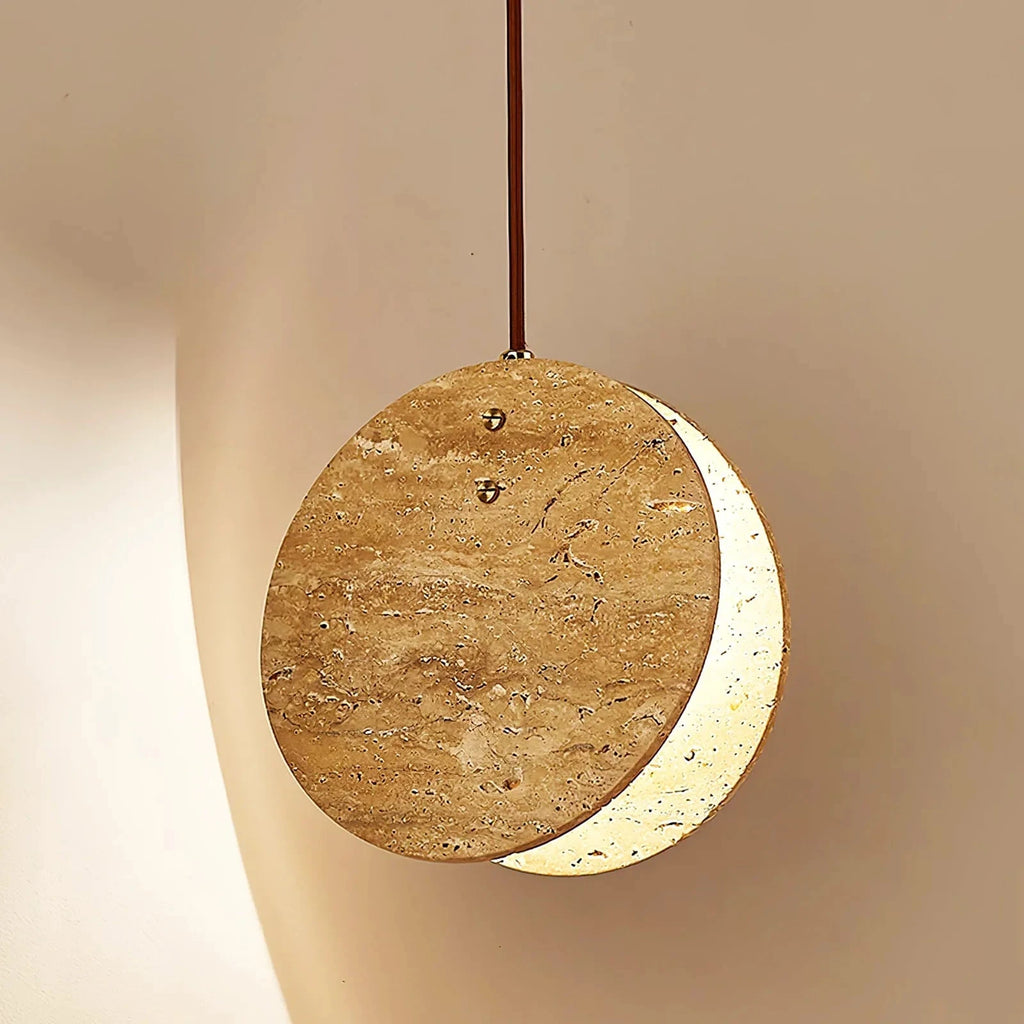 Warm Glowing Travertine Disc Pendant Light Studio Display