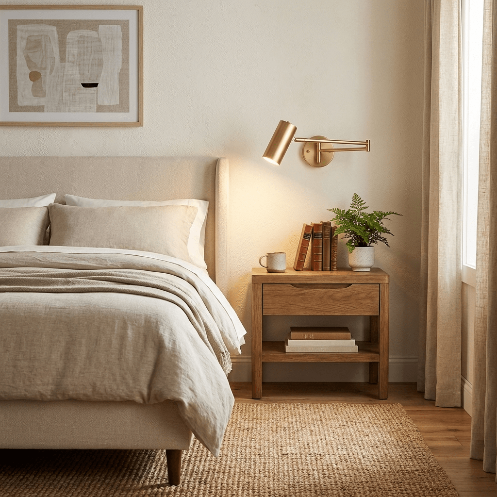 Brass Swing Arm Bedside Lamp Over Bedroom Nightstand