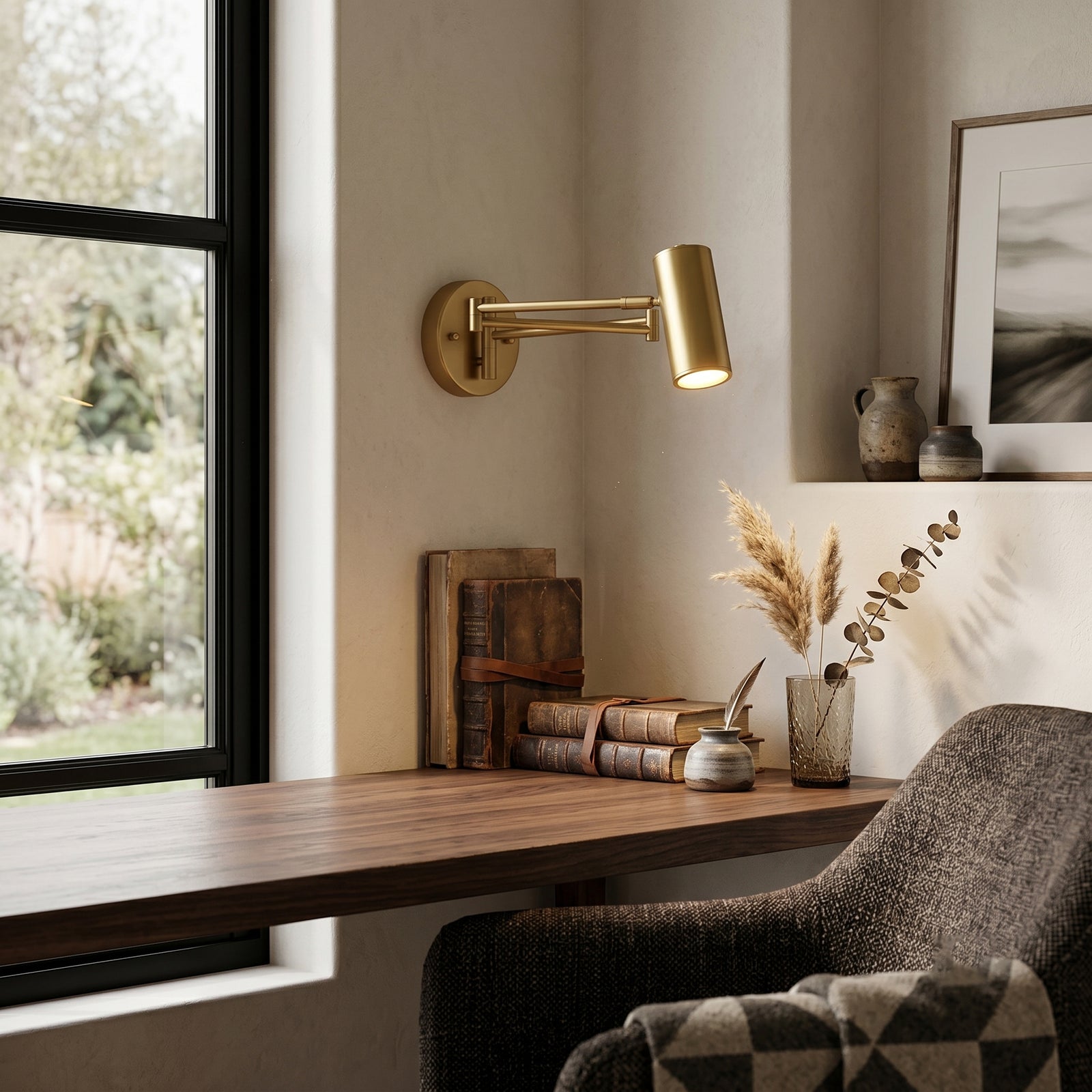 Modern Brass Swing Arm Reading Wall Light Over Desk
