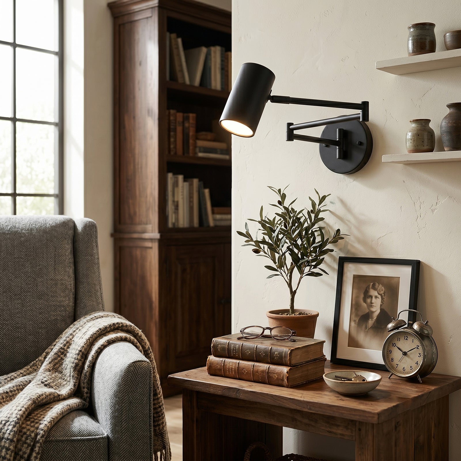 Modern Black Adjustable Wall Lamp Over Living Room Credenza