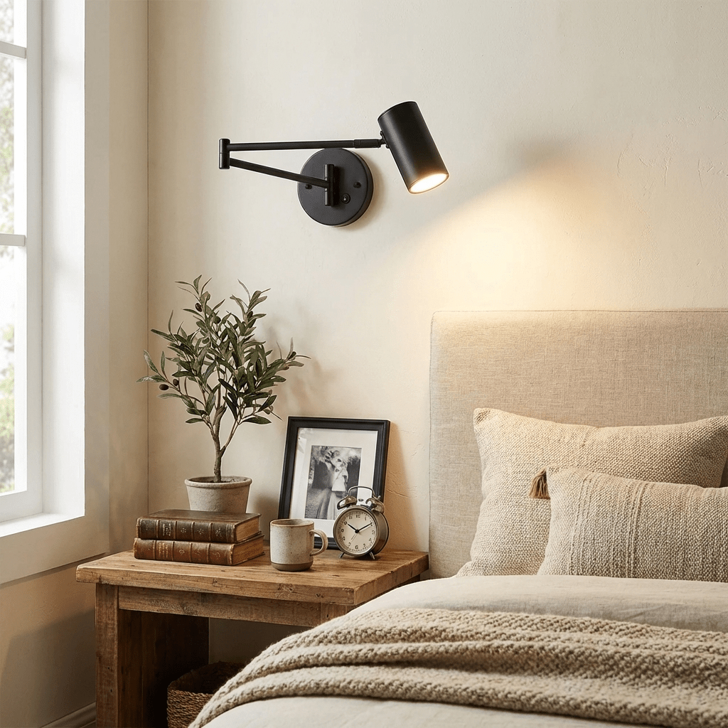 Black Swing Arm Bedside Wall Light Over Bedroom Nightstand