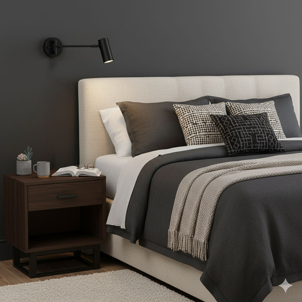 Black Swing Arm Reading Wall Light Over Bedroom Nightstand