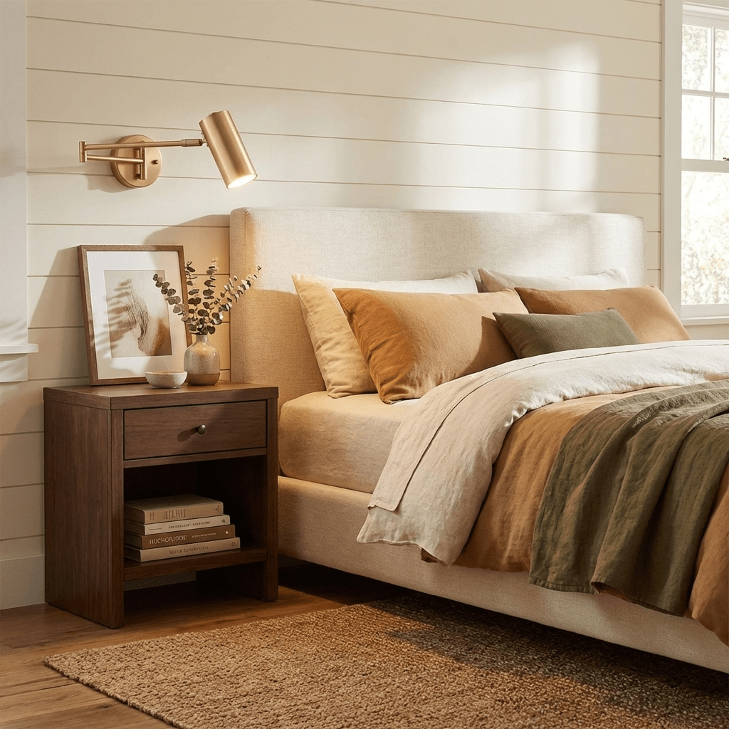 Modern Brass Swing Arm Reading Light Over Nightstand