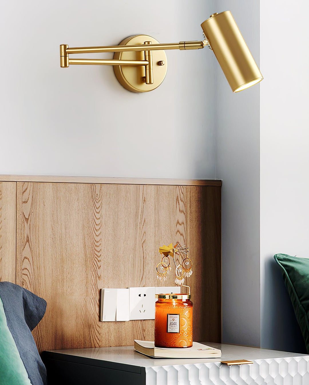 Modern Brass Swing Arm Bedside Light Over Bedroom Headboard