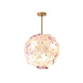 Modern Brass and Pink Hydrangea Petal Art Glass Globe Pendant Light with Gold Canopy on Pure White Background