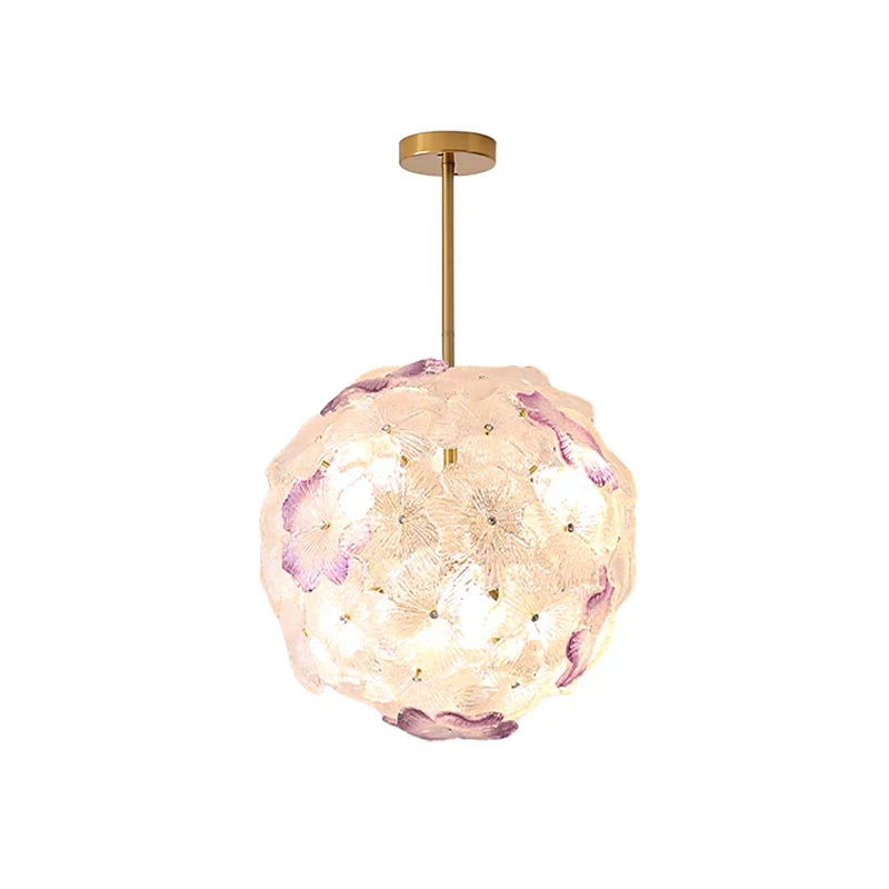 Modern Brass and Pink Hydrangea Petal Art Glass Globe Pendant Light with Gold Canopy on Pure White Background