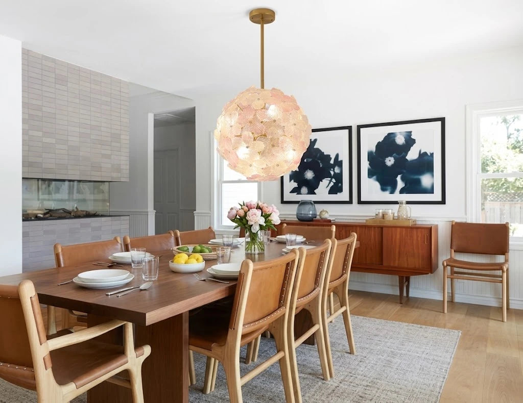 Modern Pink Hydrangea Petal Art Glass Globe Pendant Light in Contemporary Dining Room