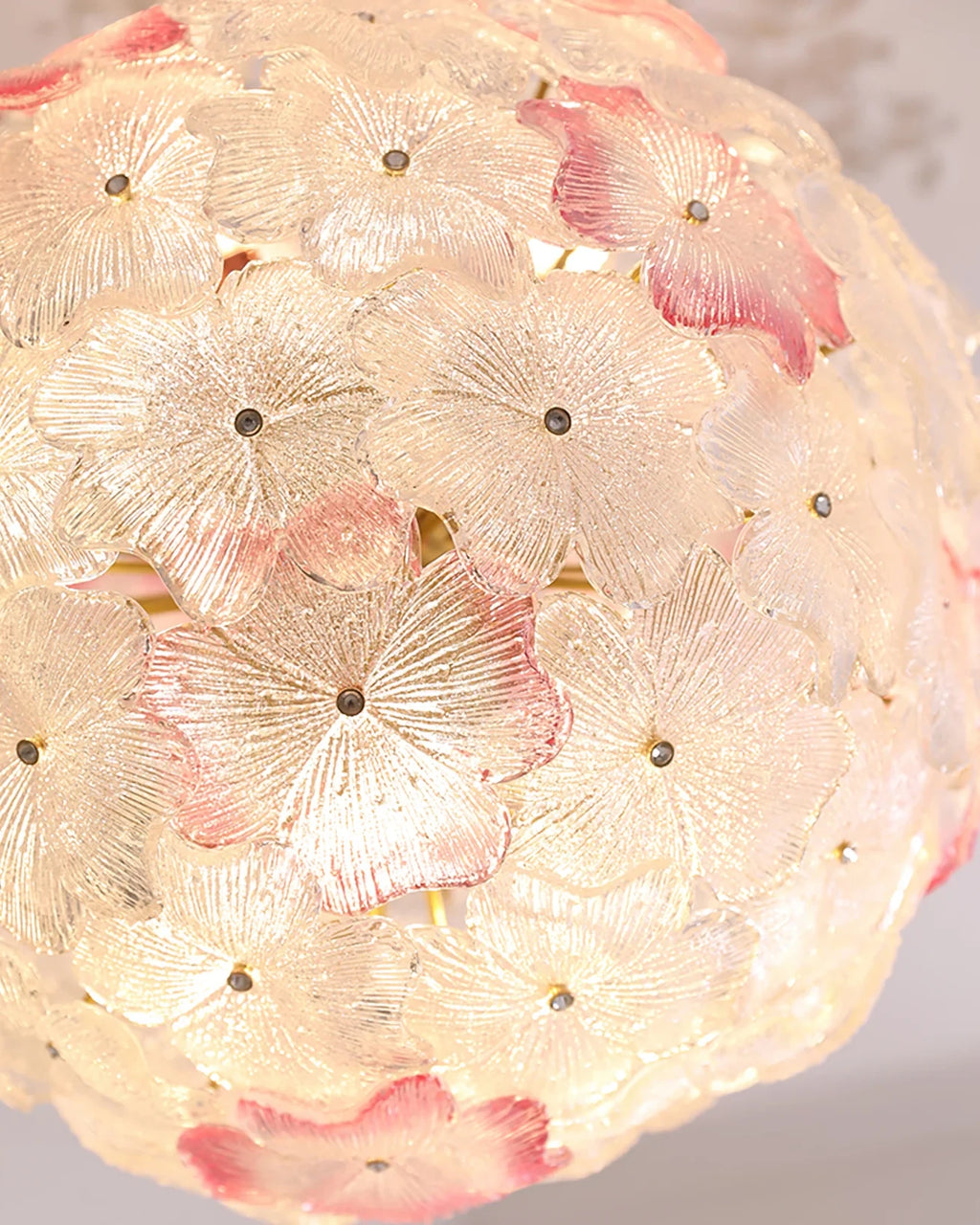 Close Up View of Hydrangea Petal Art Glass Globe Texture and Glowing Details