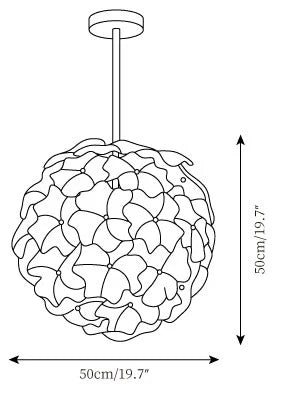 Modern Hydrangea Petal Art Glass Globe Pendant Light Line Art Dimension Diagram
