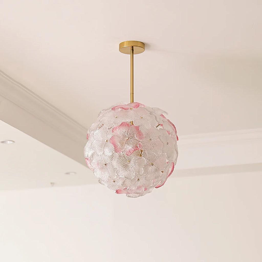 Front View of Illuminated Modern Hydrangea Petal Art Glass Globe Pendant Light