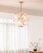 Modern Pink Hydrangea Petal Art Glass Globe Pendant Light in Bright Bedroom
